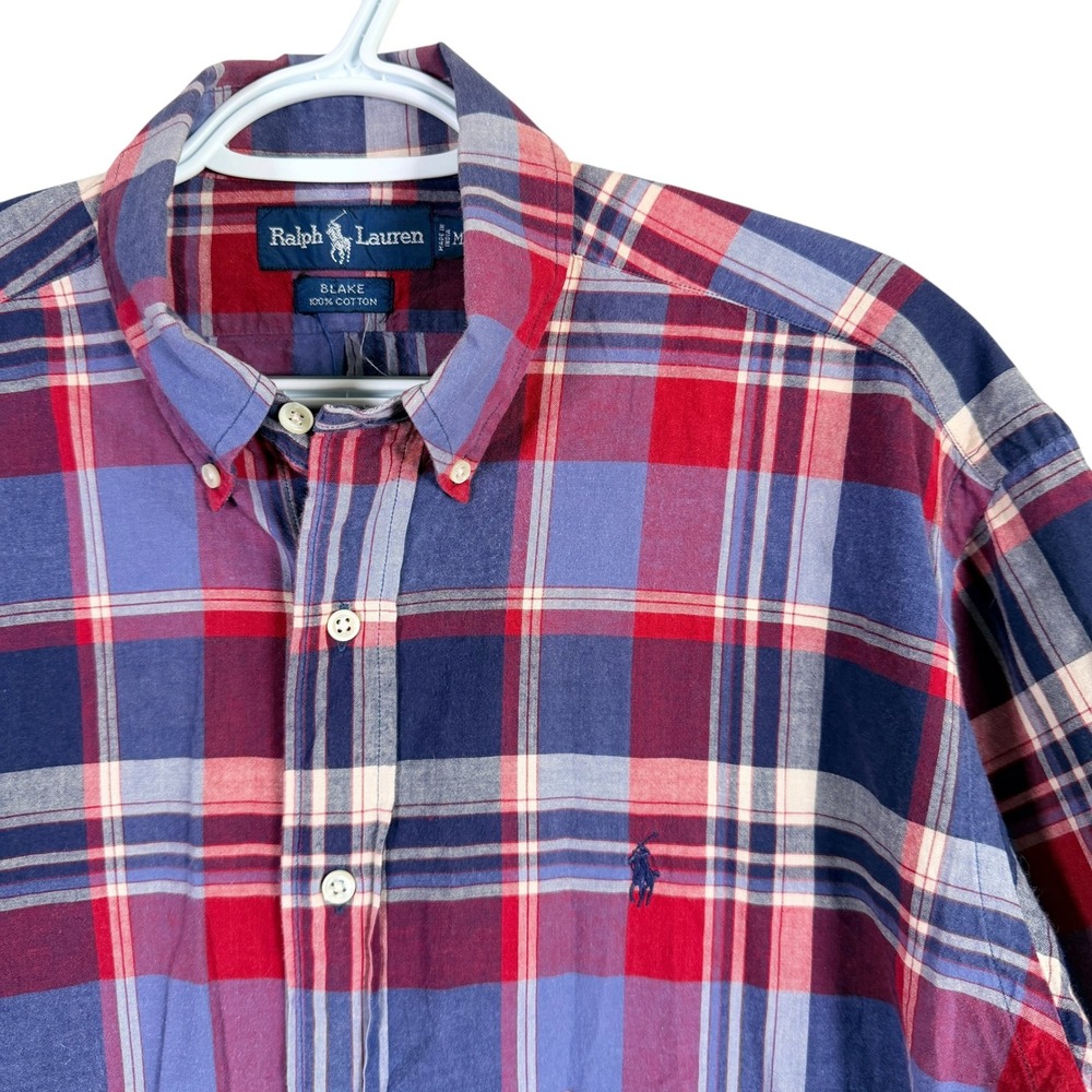 Vintage Ralph Lauren Blake Shirt Button Down Mens M Red Blue Plaid Short Sleeve